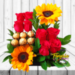 LOCURA DE AMOR (8 ROSAS, 2 GIRASOLES, 6 BOMBONES FERREROS)