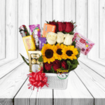 CANASTA DELICIOSO AMOR 9 ROSAS, 3 GIRASOLES Y DULCES
