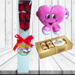 CAJA DE 6 ROSAS, PELUCHE Y BOMBONES