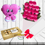 CAJA DE 18 ROSAS, PELUCHE Y BOMBONES