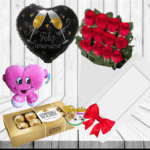 CAJA DE 12 ROSAS, PELUCHE, GLOBO Y BOMBONES