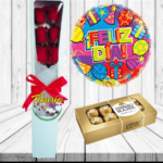 CAJA DE 6 ROSAS, GLOBO Y BOMBONES