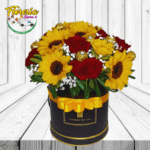 BELLA ILUSION BOX DE 10 ROSAS, 8 GIRASOLES CON 6  FERREROS ROCHER