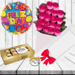 CAJA DE 18 ROSAS, GLOBO Y BOMBONES