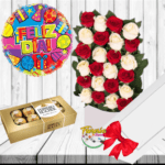 CAJA DE 24 ROSAS, GLOBO Y BOMBONES
