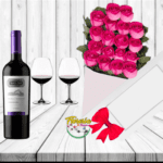 CAJA DE 18 ROSAS, VINO Y COPAS