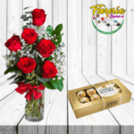 FLORERO DE 6 ROSAS Y BOMBONES FERREROS 100GRS