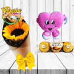 GIRASOL SOLITO, BOMBONES FERRERO ROCHER 3 UNID Y PELUCHE CORAZON