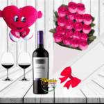 CAJA DE 18 ROSAS, VINO, PELUCHE Y COPAS