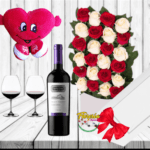 CAJA DE 24 ROSAS, VINO, PELUCHE Y COPAS