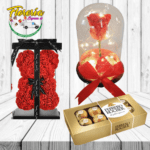 ROSA PRESERVADA EN CÚPULA, BOMBONES 100GRS Y OSO TEDDY