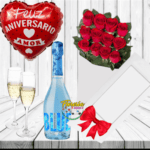 CAJA DE 12 ROSAS, ESPUMANTE, GLOBO Y COPAS