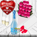 CAJA DE 18 ROSAS, ESPUMANTE, GLOBO Y COPAS