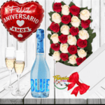 CAJA DE 24 ROSAS, ESPUMANTE, GLOBO Y COPAS