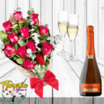 RAMO DE 12 ROSAS, CHAMPAGNE Y COPAS