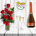 FLORERO DE 6 ROSAS, CHAMPAGNE Y COPAS