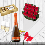 CAJA DE 12 ROSAS, ESPUMANTE, BOMBONES Y COPAS