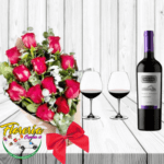 RAMO DE 12 ROSAS, VINO, COPAS