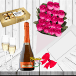 CAJA DE 18 ROSAS, ESPUMANTE, BOMBONES Y COPAS