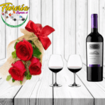 RAMO DE 3 ROSAS, VINO Y COPAS
