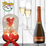 ROSA PRESERVADA EN CÚPULA, COPAS Y CHAMPAGNE