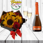 RAMO DE 6 ROSAS, 4 GIRASOLES, CHAMPAGNE Y COPAS