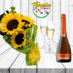 RAMO 3 GIRASOLES, CHAMPAGNE Y 2 COPAS