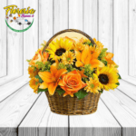 ARREGLO DE TROPICAL ( CANASTA DE 4 LILIUM, 3 GIRASOLES, 4 ROSAS )