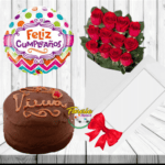 CAJA DE 12 ROSAS, GLOBO Y TORTA
