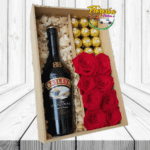 COMBINACION PERFECTA ( CAJA DIVIDIDA CON BOTELLA ROSAS Y FERREROS )