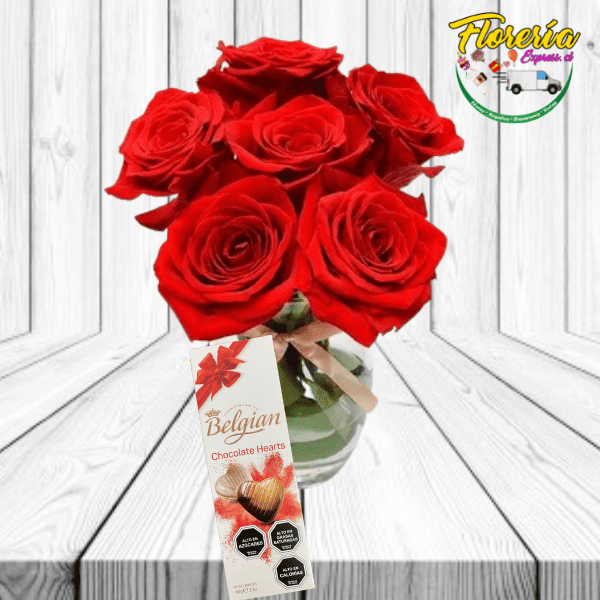 FLORERO DE 6 ROSAS Y CHOCOLATE BELGIAN