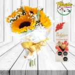 RAMO DE 5 GIRASOLES Y CHOCOLATE BELGIAN