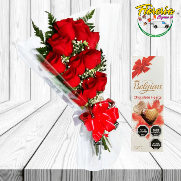 RAMO DE 12 ROSAS LINEAL Y CHOCOLATE BELGIAN