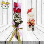 RAMO DE 3 ROSAS, ABIERTO FOLLAJE Y CAJA DE BOMBONES BELGIAN