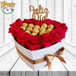 CAJA CORAZON FELIZ DIA (14 ROSAS Y 12 FERREROS ROCHER)