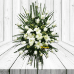 ARREGLO FUNEBRE DE 24 ROSAS, 6 LILIUM, FOLLAJE Y ATRIL