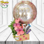 ARREGLO DE 9 ROSAS, 3 BARRAS DE CHOCOLATES Y GLOBO