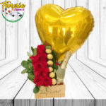 ARREGLO DE 9 ROSAS, CHAMPAGNE 375ML, 6 BOMBONES Y GLOBO