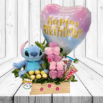 ARREGLO DE 9 ROSAS EN ESCALA, CHOCOLATES, PELUCHE Y GLOBO