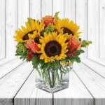 CUBO DE 6 ROSAS, 4 GIRASOLES Y FOLLAJE