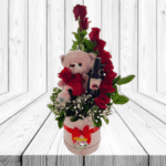 ARREGLO AMOR ROSAS, PELUCHE Y VINO