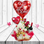CANASTA CON PELUCHE, BOMBONES, PELUCHE, ROSAS Y GLOBO
