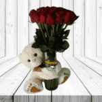 FLORERO DE 20 ROSAS Y PELUCHE DE 30 CM