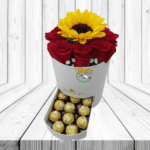BOX BOMBONERA DE 8 ROSAS, 1 GIRASOL y 8 BOMBONES