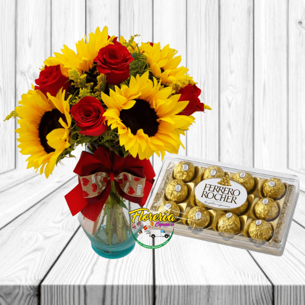 FLORERO DE ROSAS, GIRASOLES Y FERREROS ROCHER 150 GRS