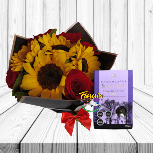 RAMO PRIMAVERAL DE ROSAS, GIRASOLES EN BOUQUET Y BOMBONES DEL SUR