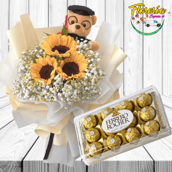 RAMO DE 3 GIRASOLES CON ILUMINACIÓN, PELUCHE LLAVERO 11 CM Y FERRERO ROCHER 150GRS