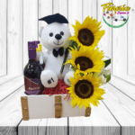 ARREGLO DE PELUCHE 25CM 3 GIRASOLES Y VINO 375ML