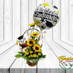 CANASTA DE 4 GIRASOLES, PELUCHITO DE 11 CM  Y GLOBO GRANDE