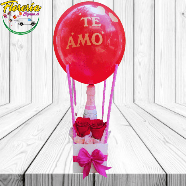 ARREGLO AEROSTATICO DE 2 ROSAS Y CHAMPAGNE